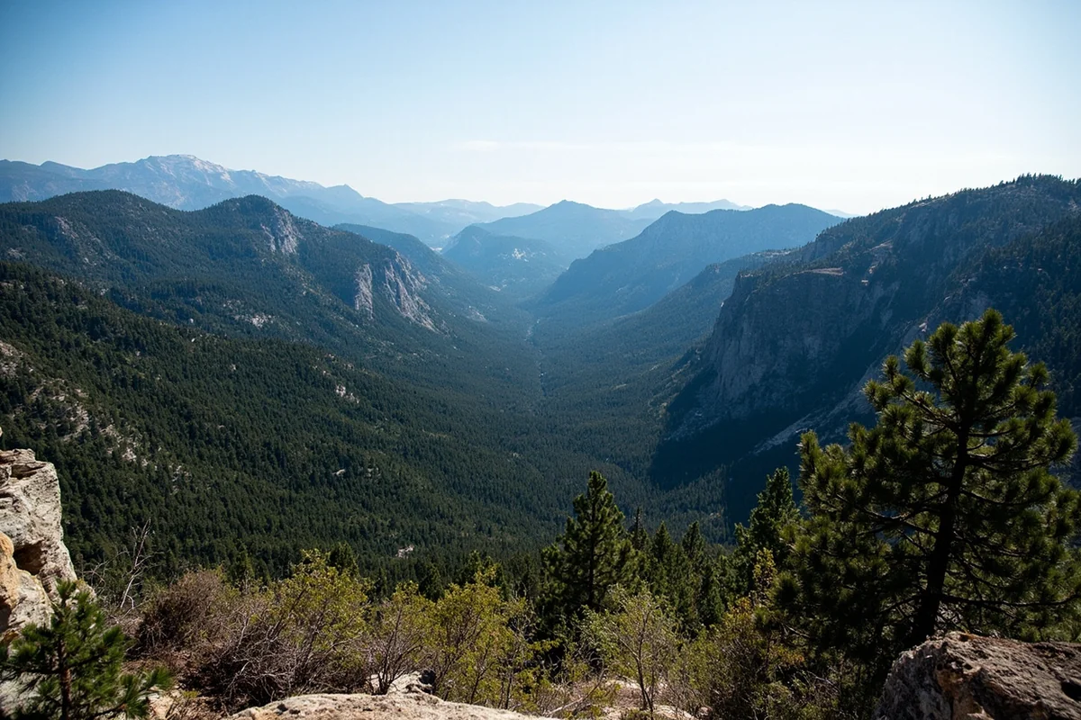 Hyalite Canyon scenic overlook showing the forested valley and mountain backdrop