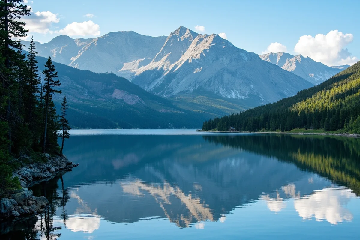 Hyalite Reservoir with mountain reflections and forested shores