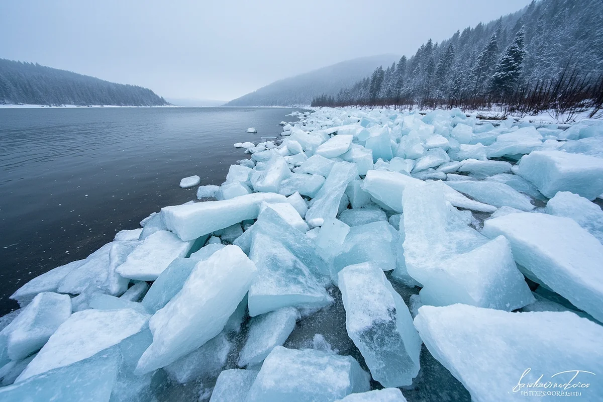 Ice chunks piled along a Montana riverbank during winter flooding conditions
