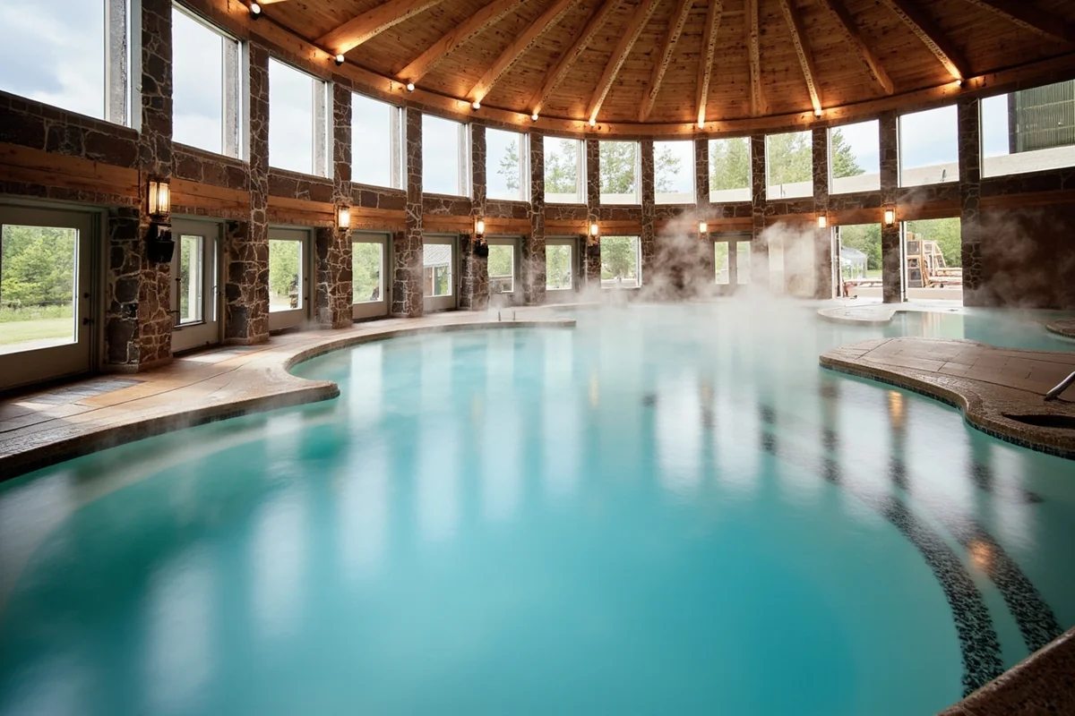 Indoor and outdoor pool complex at Fairmont Hot Springs Resort with steam rising from geothermal pools