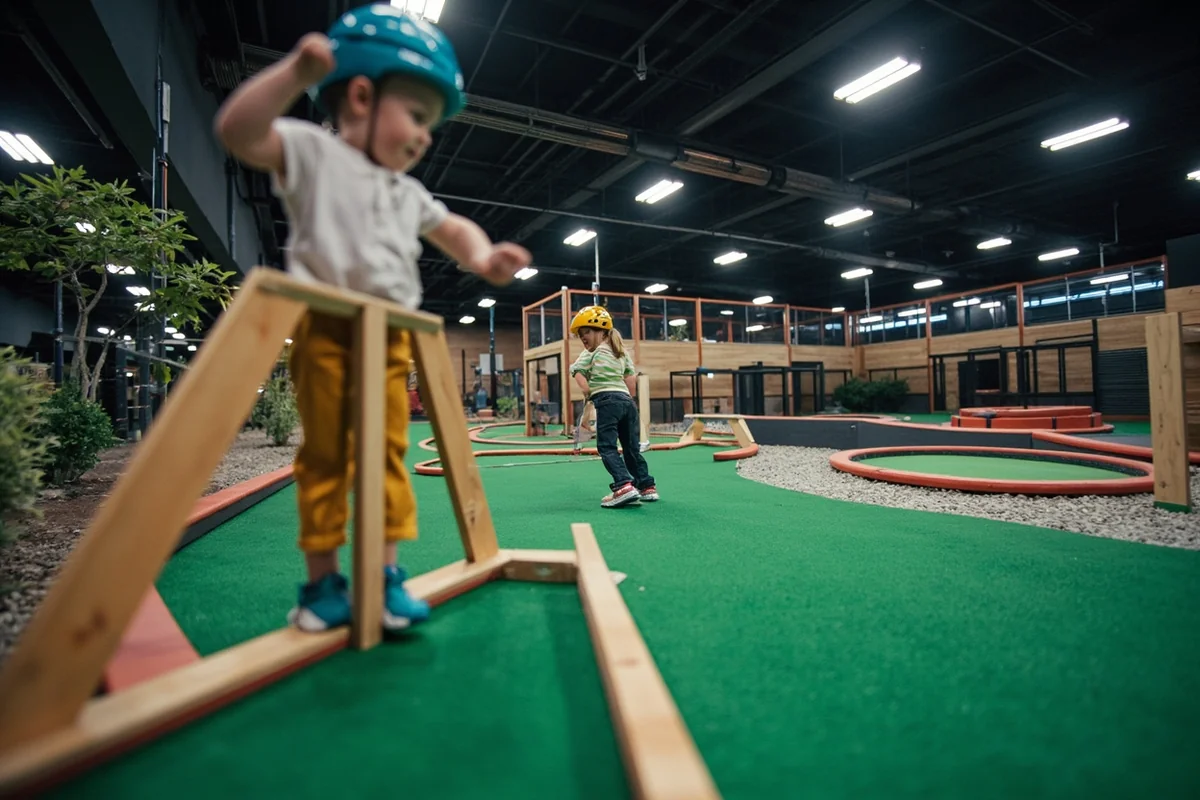Indoor family entertainment center with mini golf course and roller skating rink