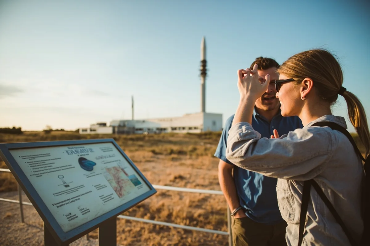 Information board at Minuteman Missile National Historic Site with Launch Control Facility in background
