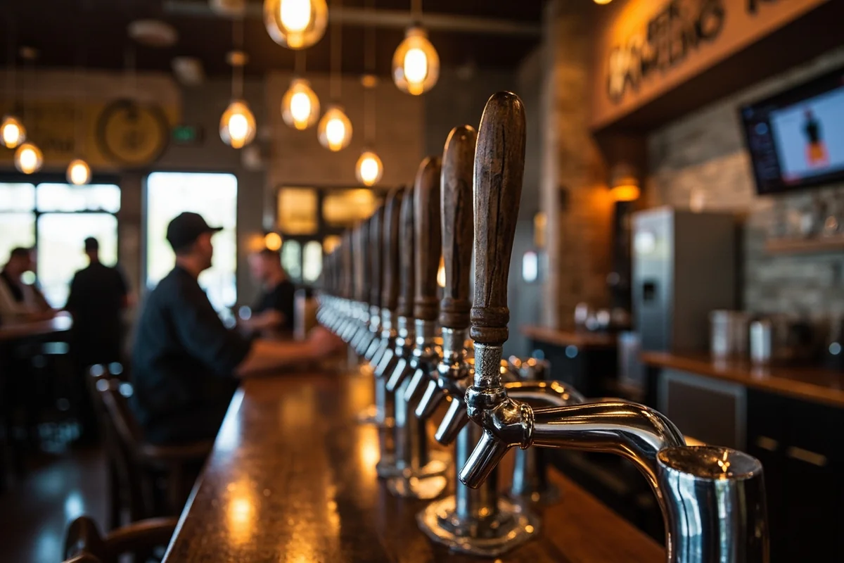 Inside Blackfoot River Brewing showing rustic tap handles and customers at the bar