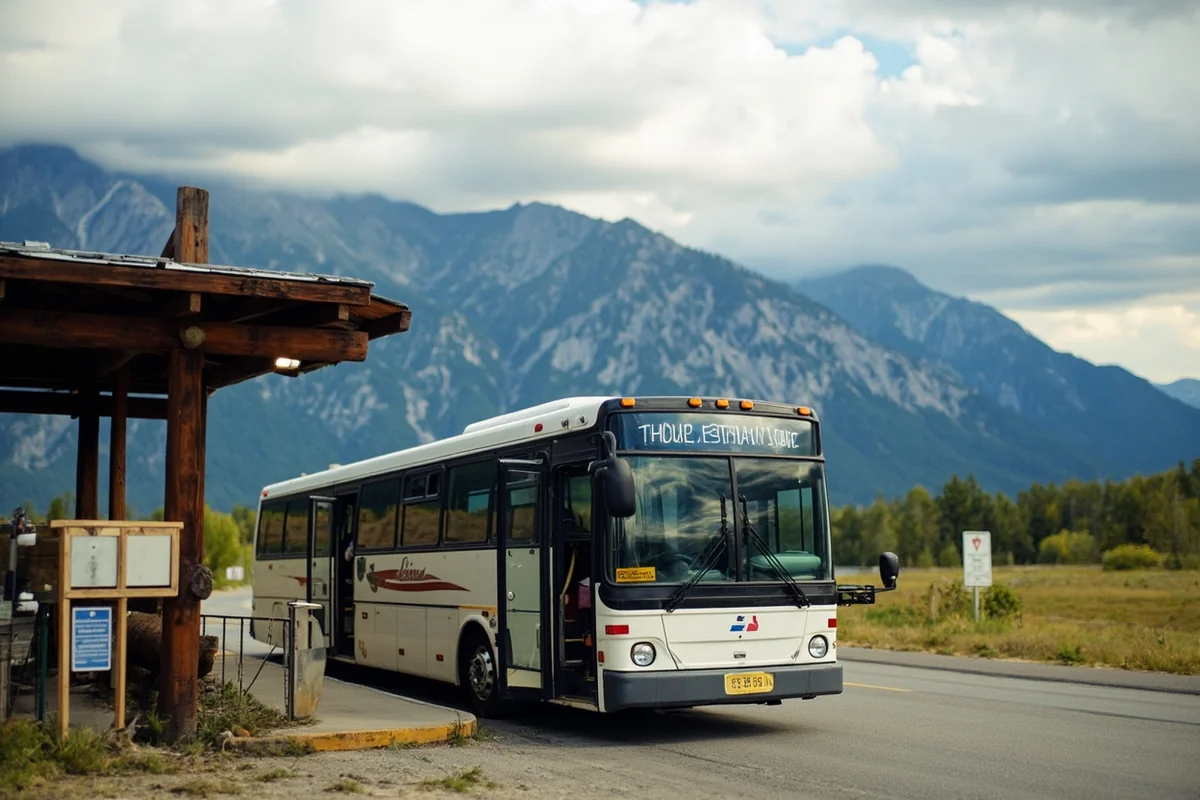 Intercity bus at a roadside stop with Montana mountain scenery in background