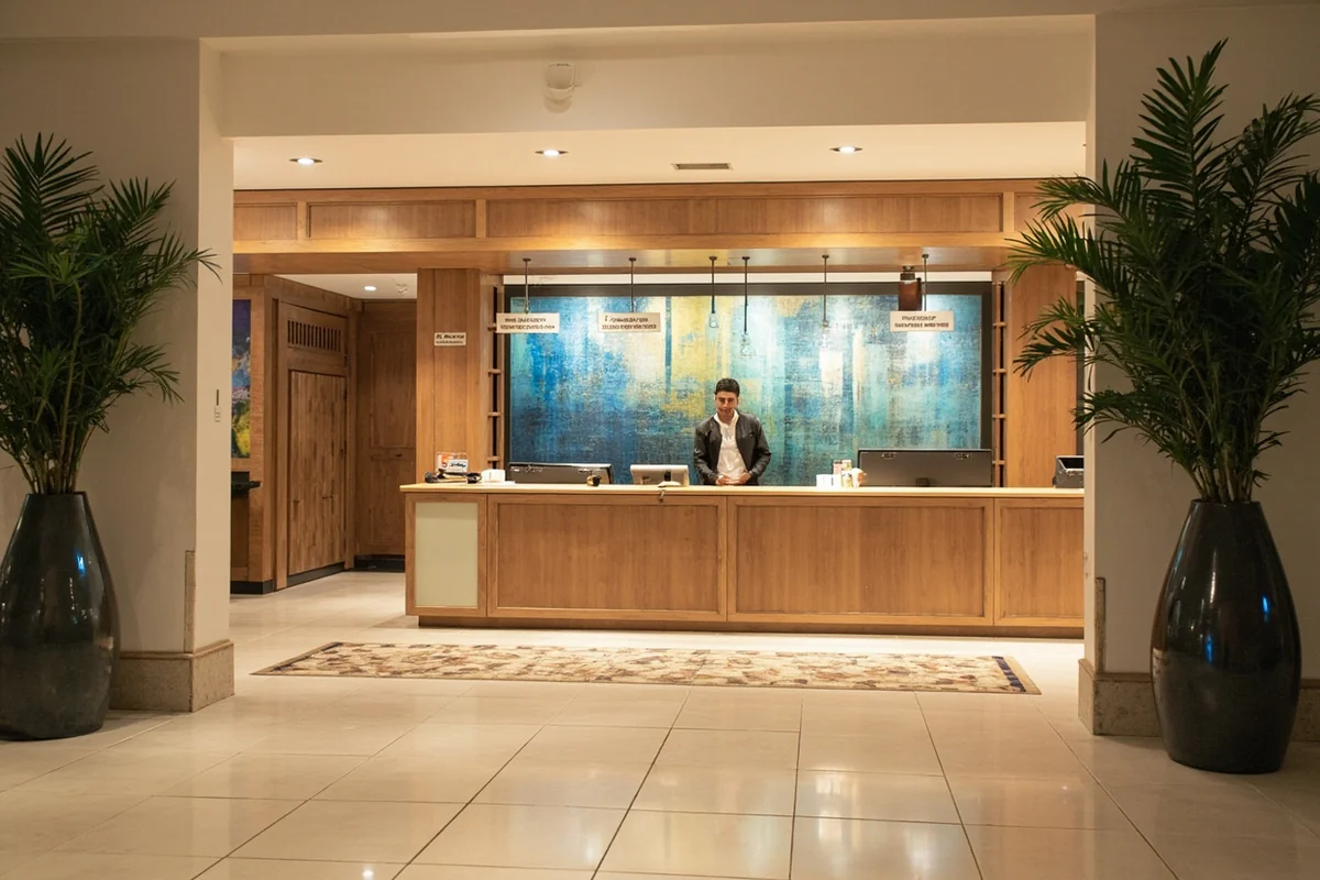 Interior lobby area showing front desk and signage for different pool areas