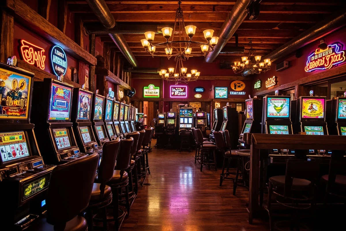 Interior of a classic Montana casino bar showing video poker machines, neon signs, and rustic Western decor