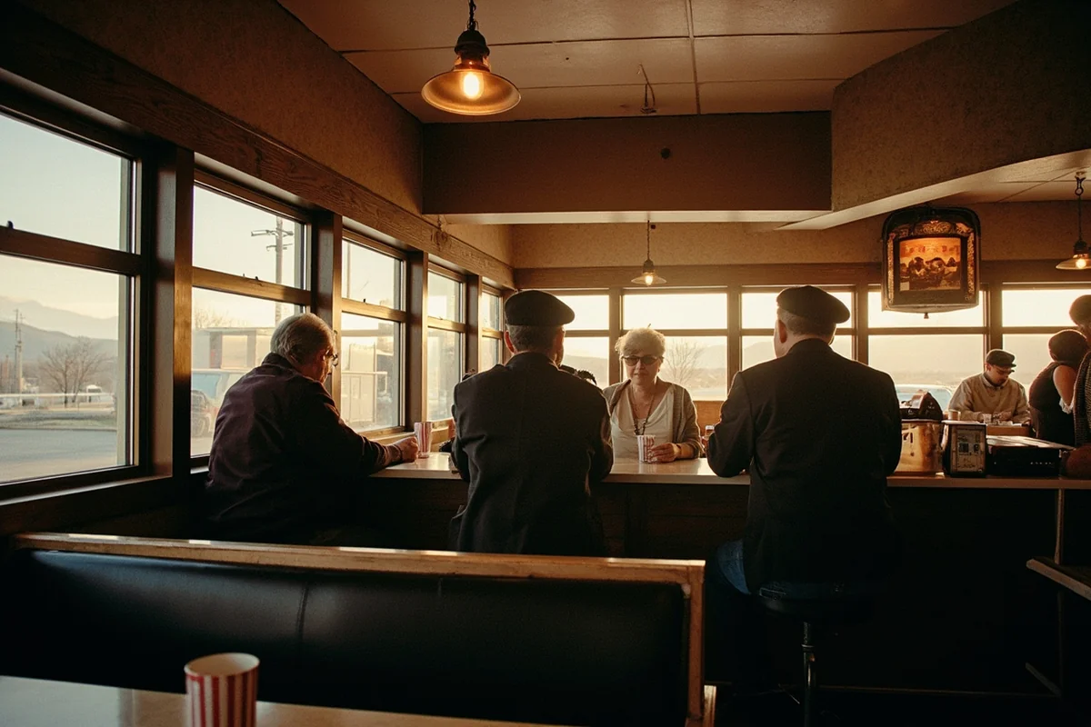 Interior of a classic Montana diner with local customers at counter
