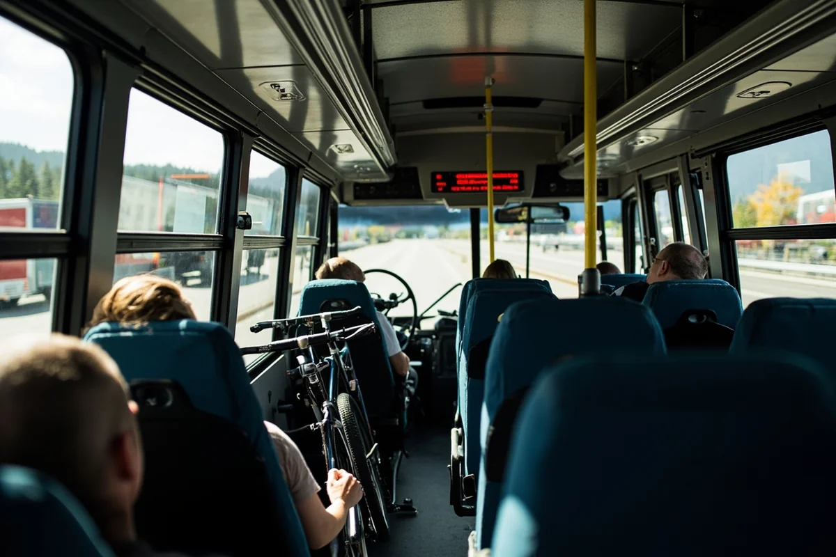 Interior of a clean Mountain Line bus in Missoula showing seating and bike rack