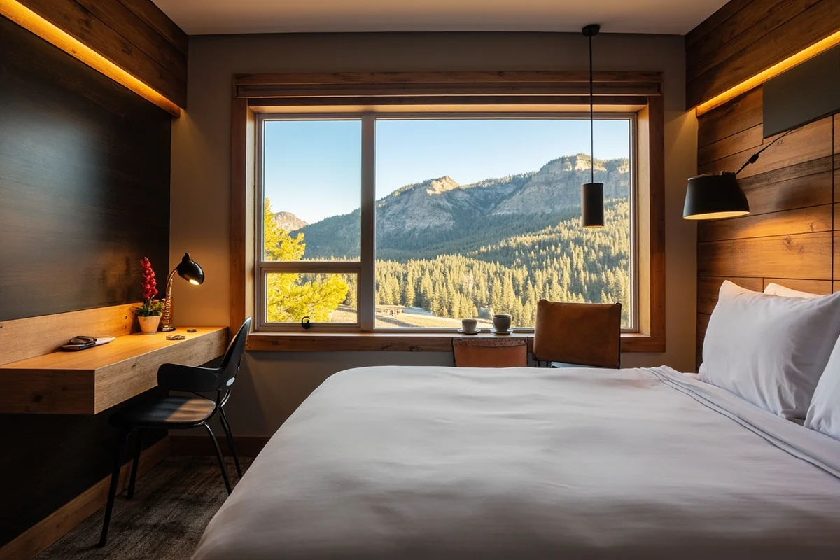 Interior of a Firebrand Hotel room showing modern Montana design with wood accents and mountain view from window