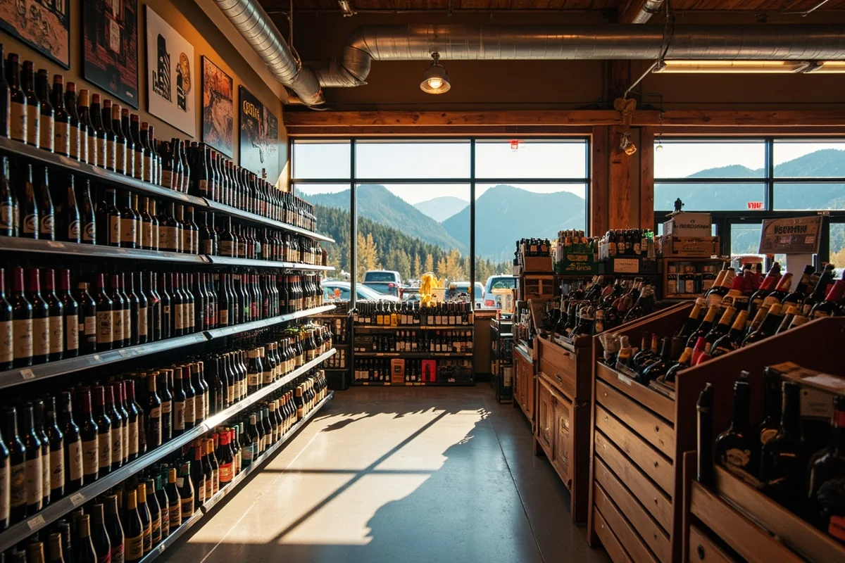 Interior of a Montana grocery store showing the beer and wine aisle with mountain scenery visible through the windows