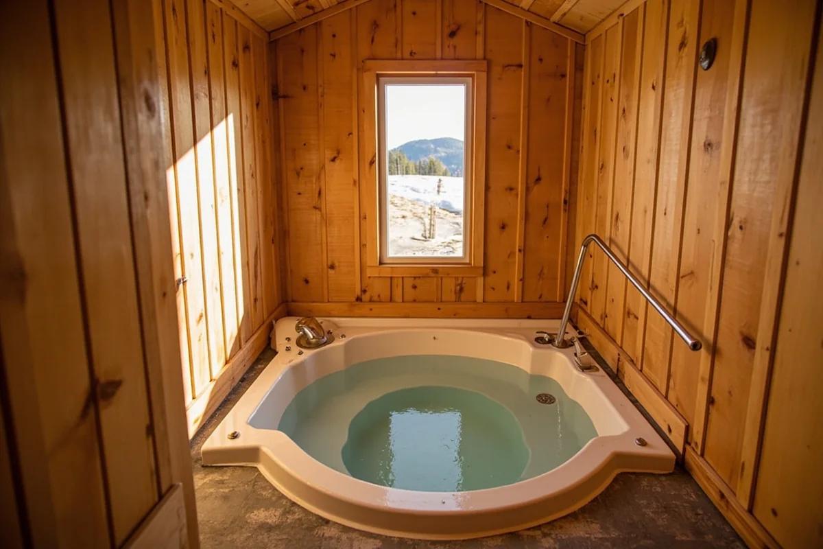 Interior of a private tub house at Wild Horse Hot Springs showing wooden walls and soaking tub