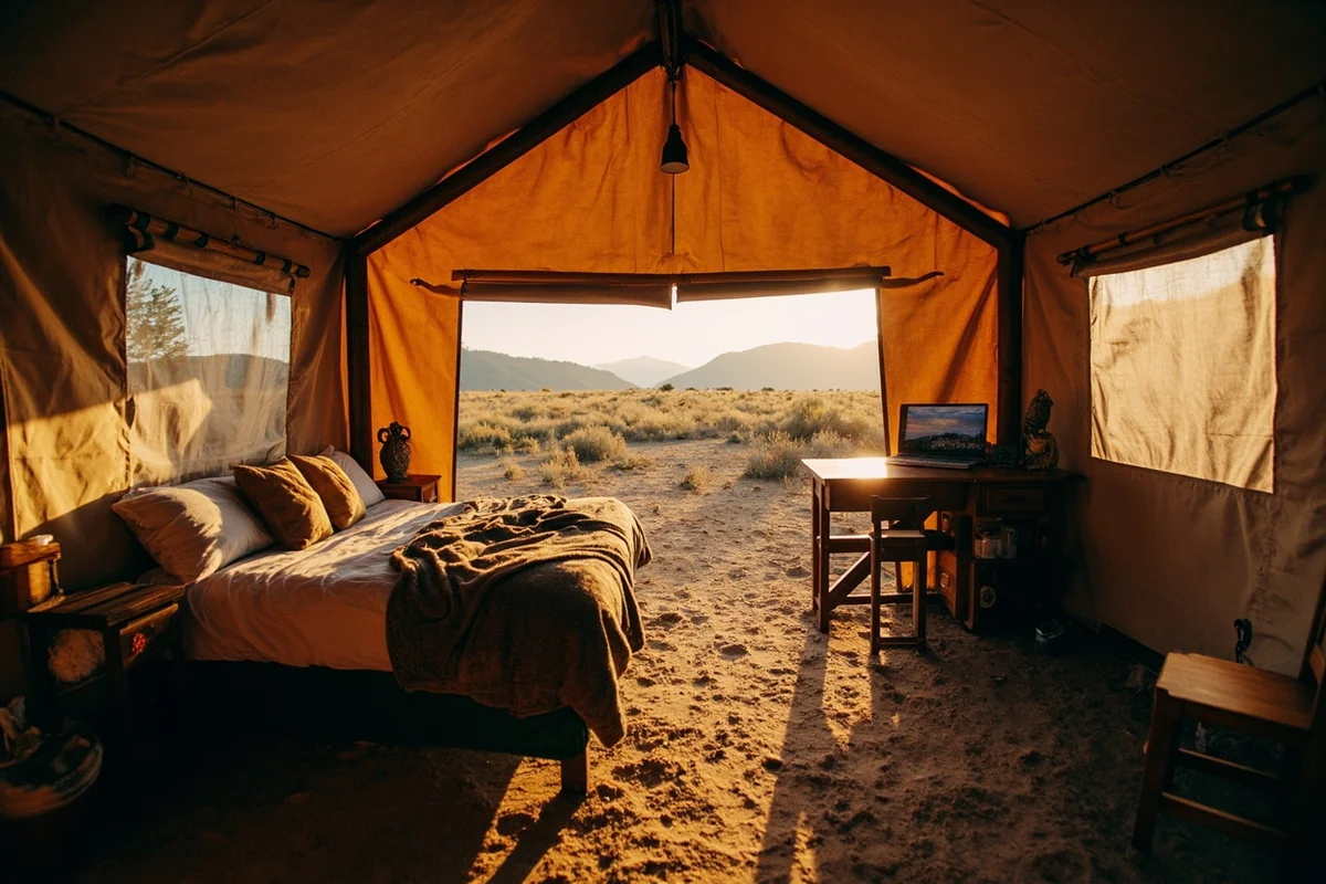 Interior of American Prairie Reserve hut camp showing bed, basic furnishings, and view through canvas walls