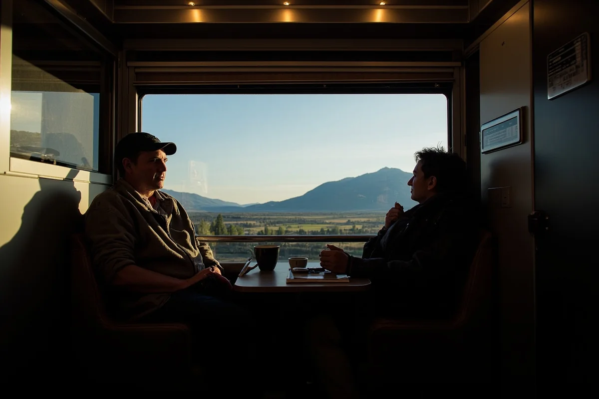 Interior of Amtrak Empire Builder observation car with passengers viewing Montana scenery