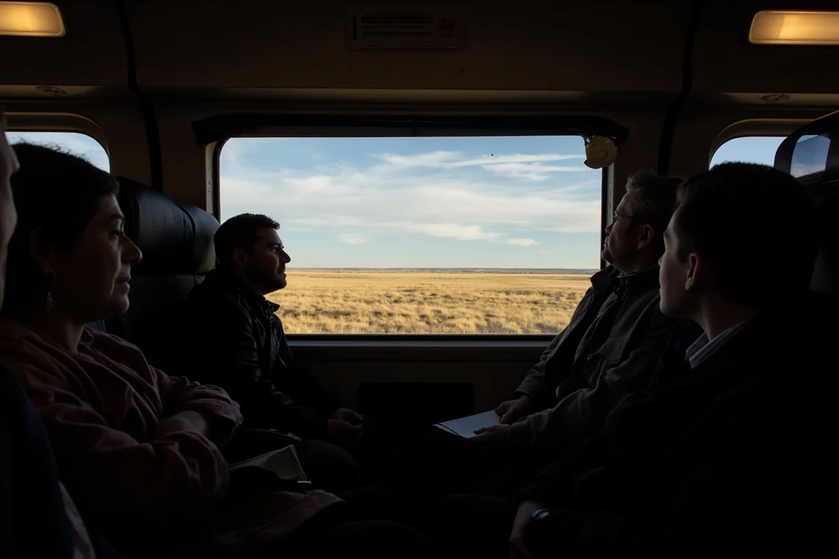 Interior of Amtrak observation car with passengers looking out at Montana prairie