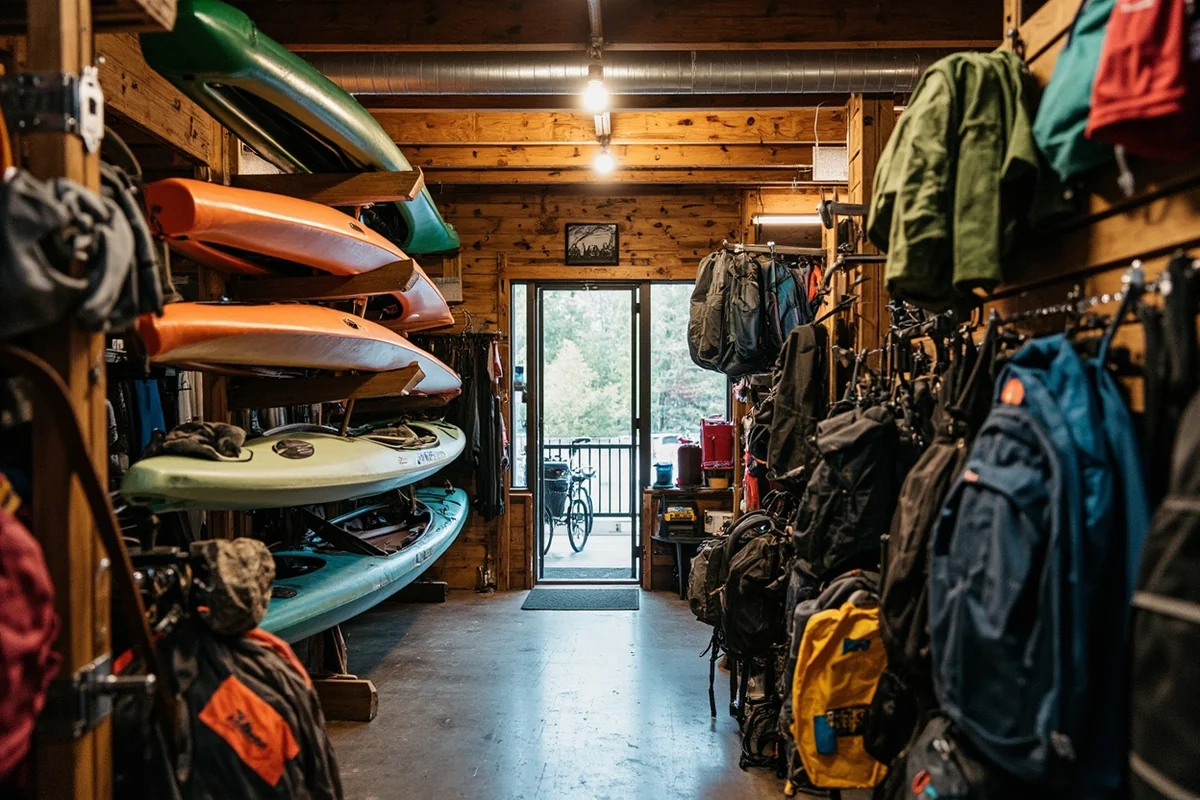 Interior of an outdoor gear shop in Missoula with kayaks, backpacks, and camping equipment on display