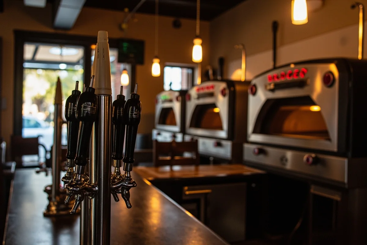 Interior of Bridger Brewing showing the pizza ovens and beer tap handles
