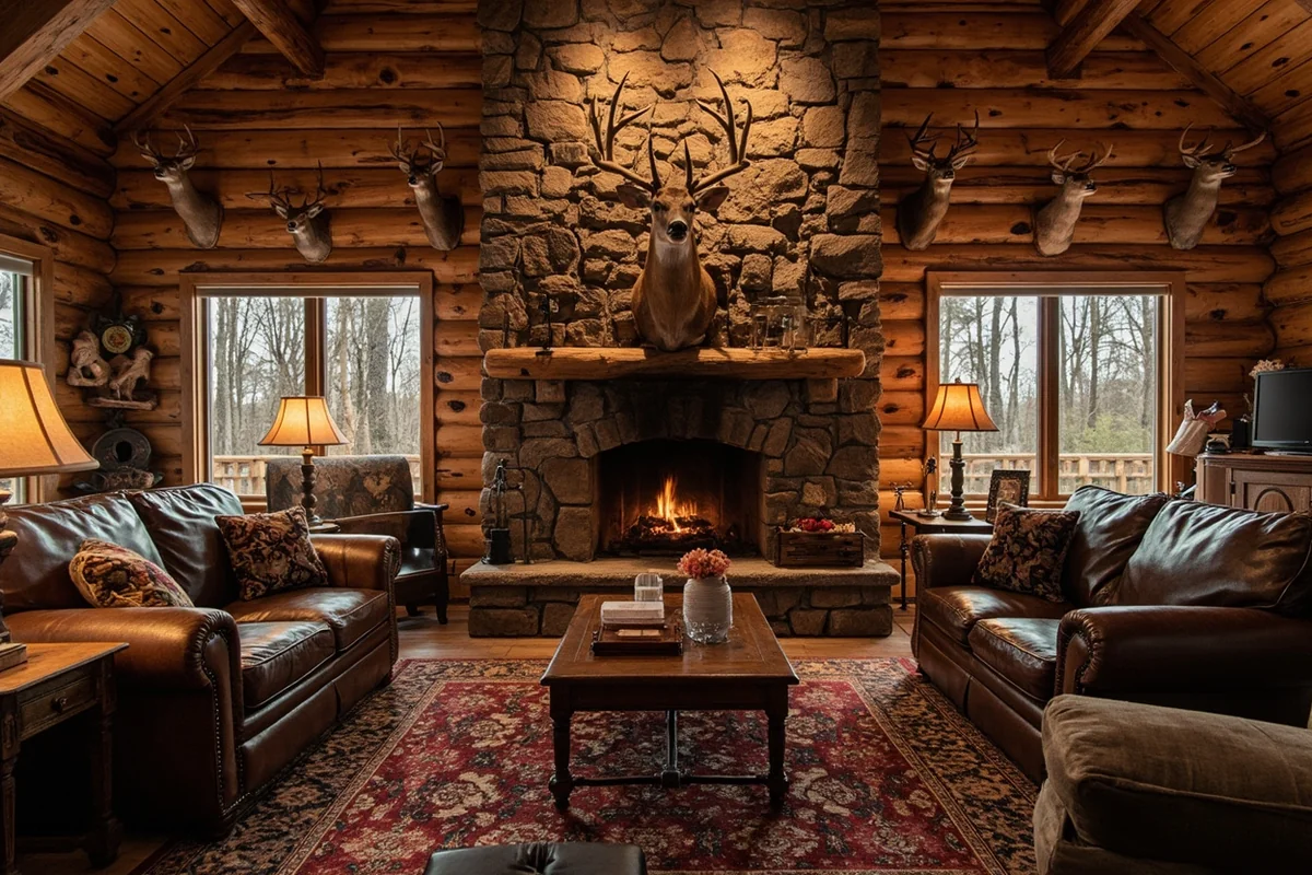 Interior of comfortable hunting lodge with stone fireplace and mounted trophy deer on walls