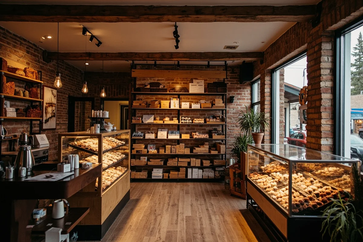 Interior of cozy Montana chocolate shop with display cases and exposed brick walls