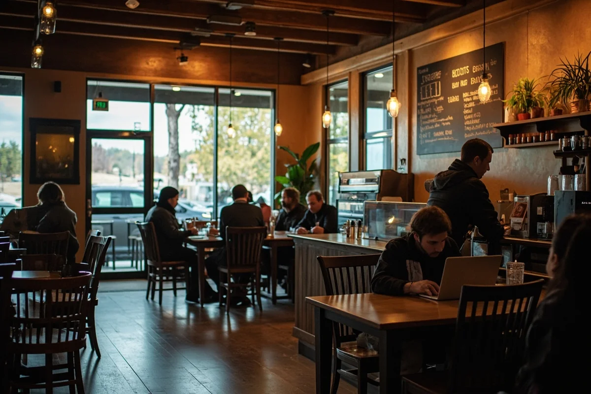 Interior of cozy Montana coffee shop with patrons working on laptops
