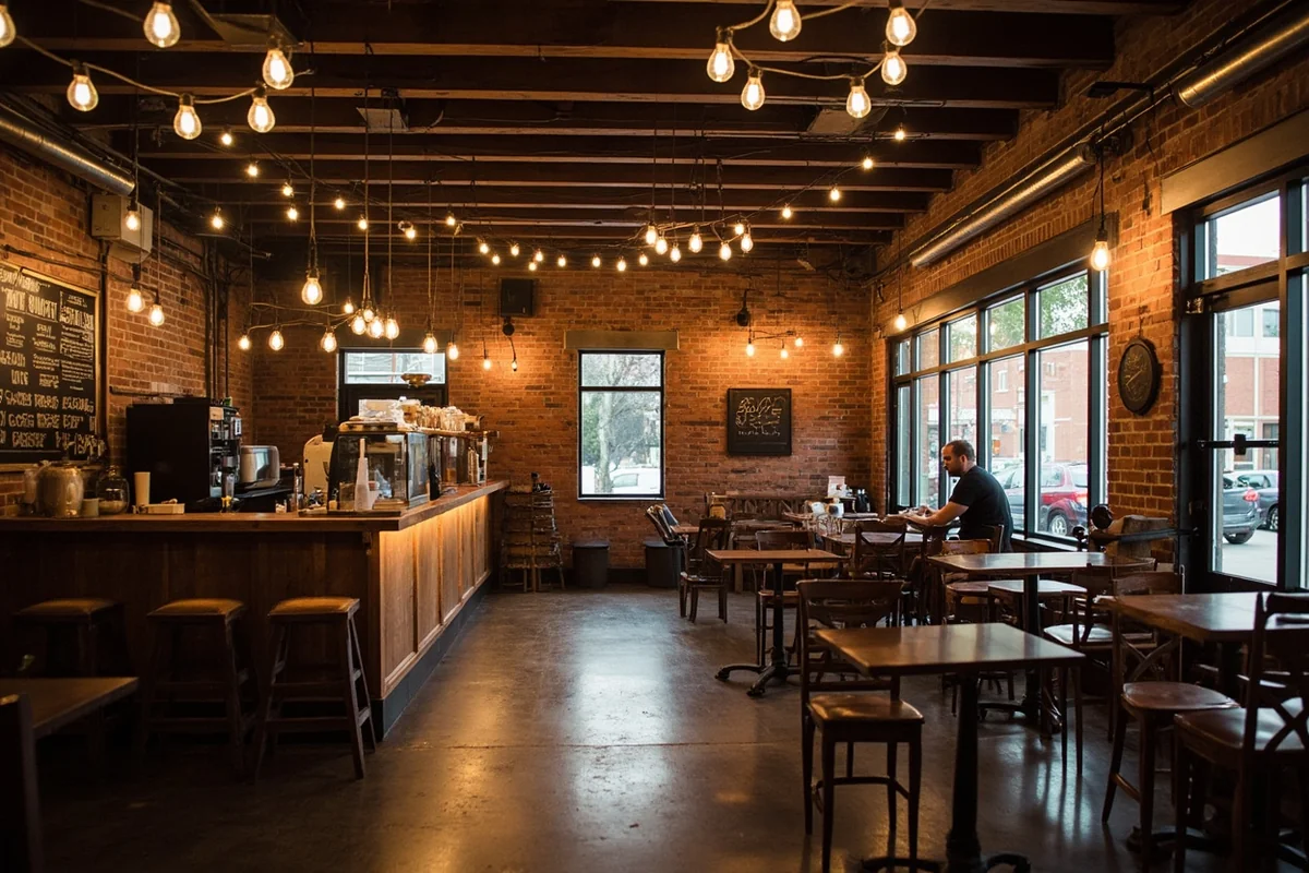 Interior of Crooked Tree Coffee showing exposed brick walls and cozy seating area