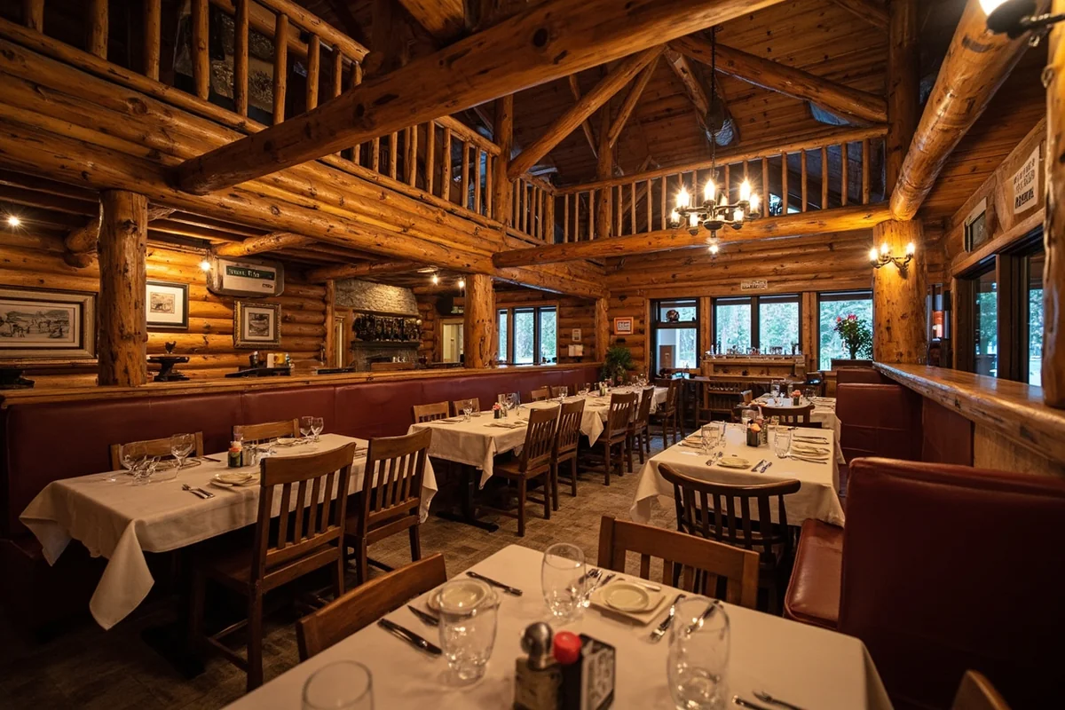 Interior of Elkhorn Hot Springs lodge showing rustic dining area with log walls, wooden tables, and mountain lodge atmosphere