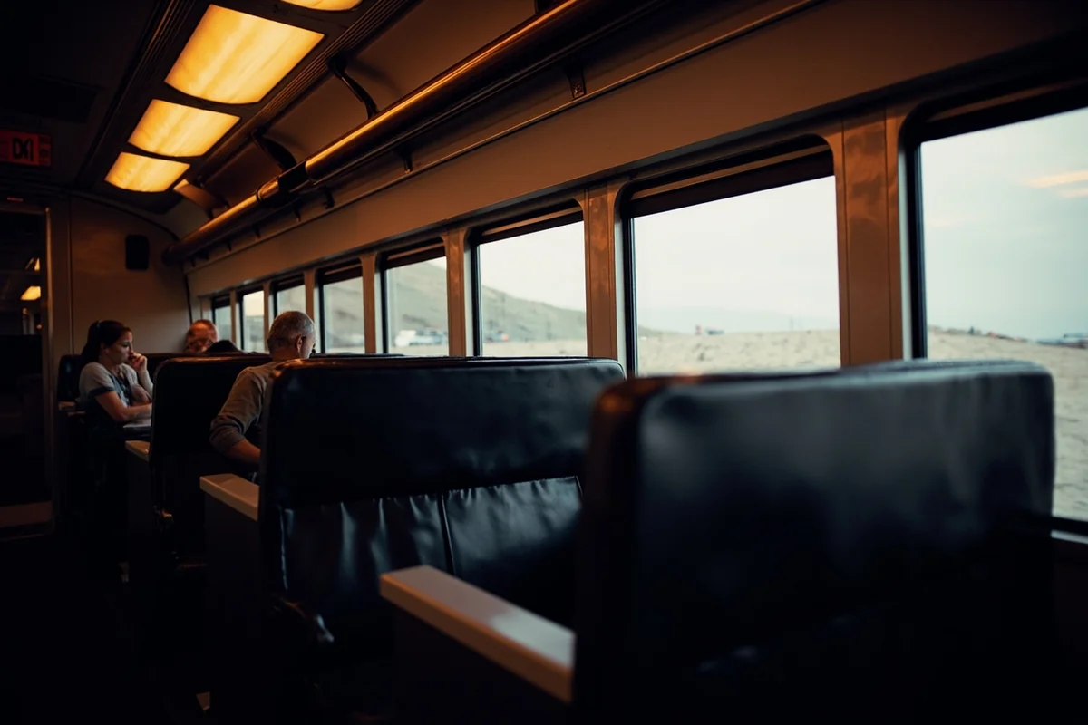 Interior of Empire Builder coach car showing seating and large windows