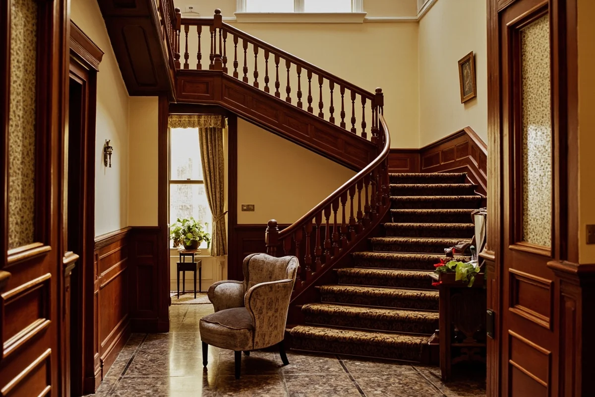 Interior of Grand Union Hotel showing original Victorian staircase and period furnishings