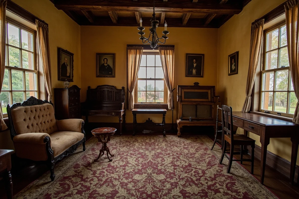 Interior of Grant-Kohrs Ranch main house showing Victorian furniture and family portraits