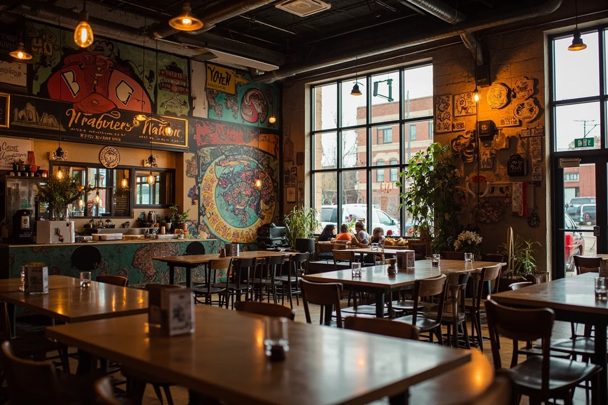 Interior of Imagine Nation Brewing showing eclectic decor and community gathering space