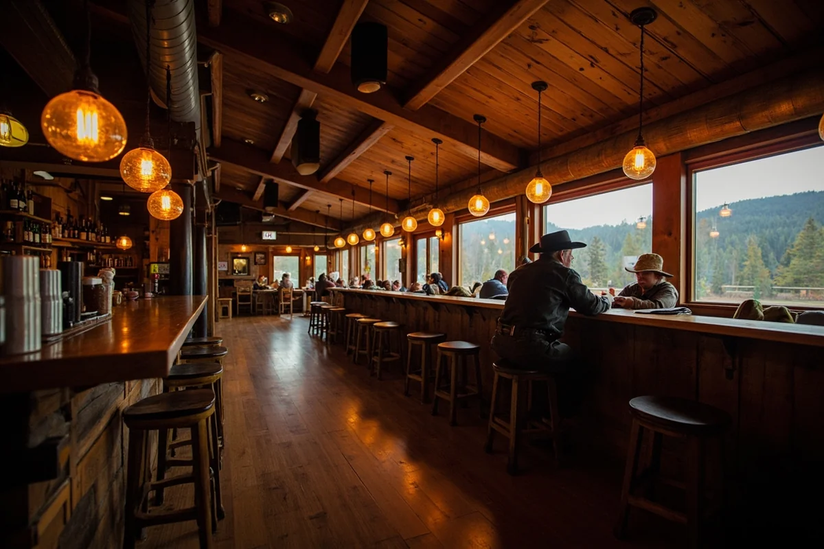 Interior of Lolo Hot Springs saloon with rustic decor, wooden bar, and local character