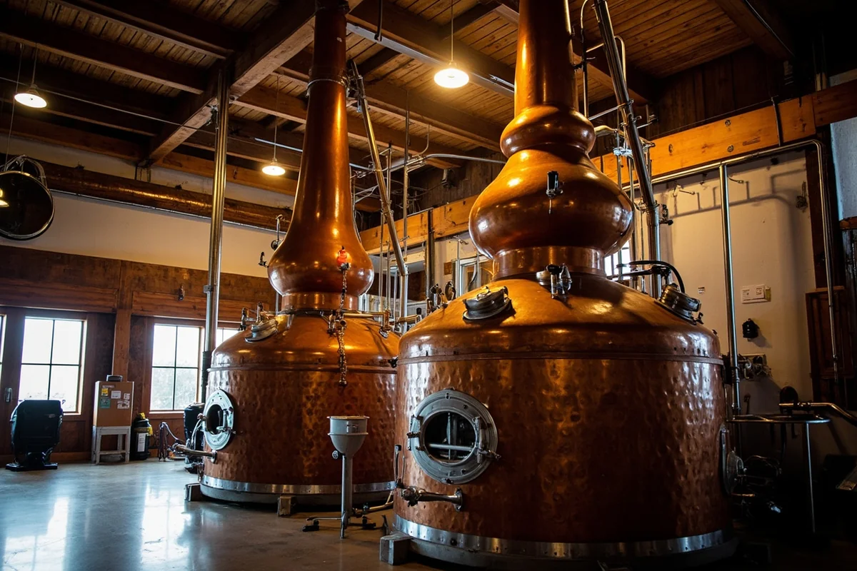 Interior of Montana craft distillery with copper stills