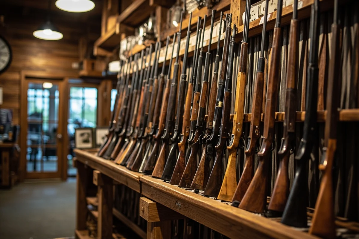 Interior of Montana gun shop or sporting goods store showing firearms display