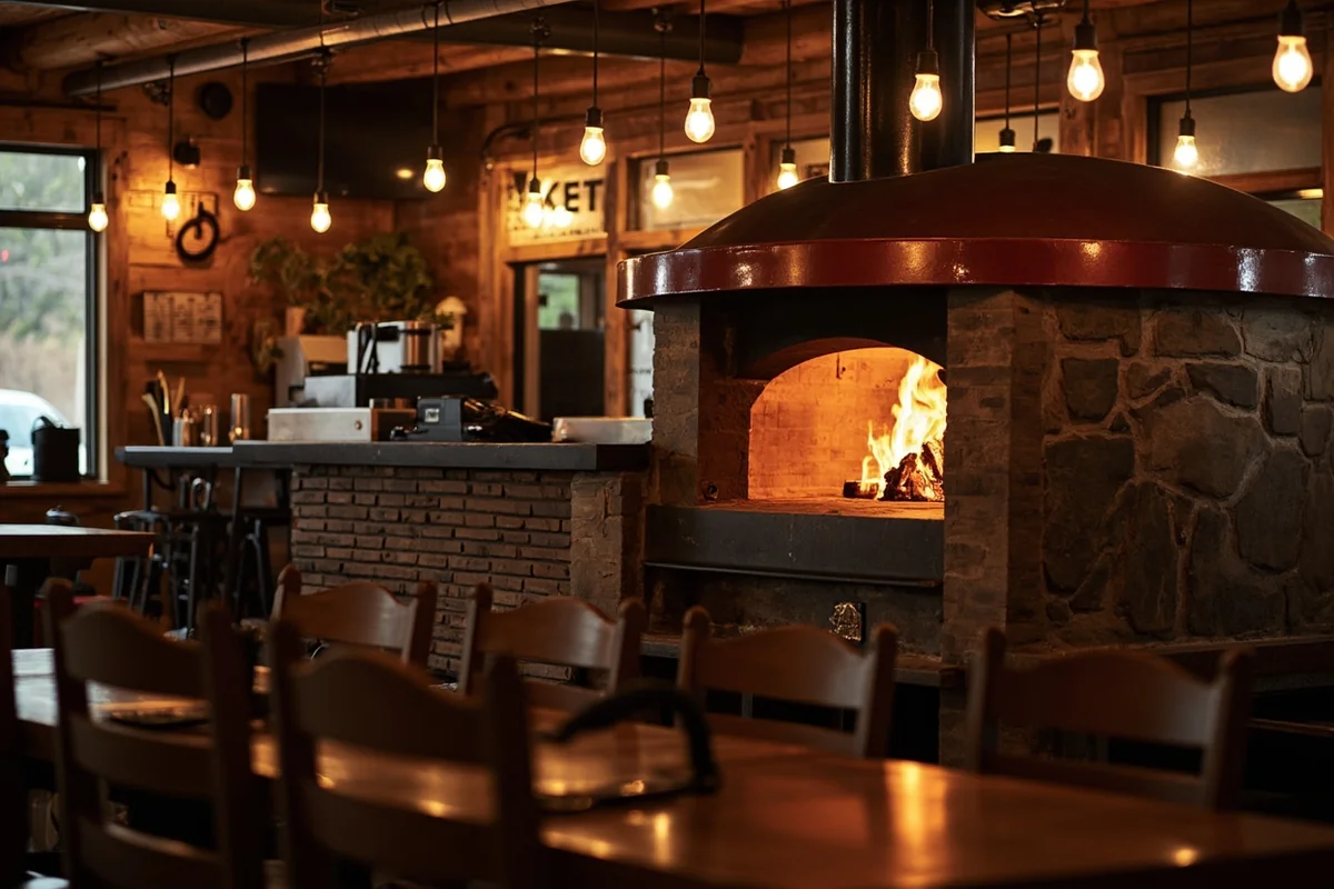 Interior of Red Tractor Pizza showing wood-fired oven and rustic Montana decor