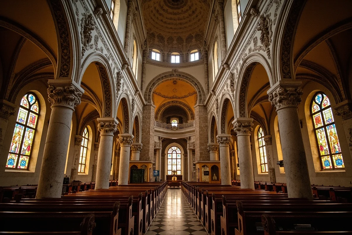 Interior of the Cathedral of St. Helena showing stained glass windows and vaulted ceiling