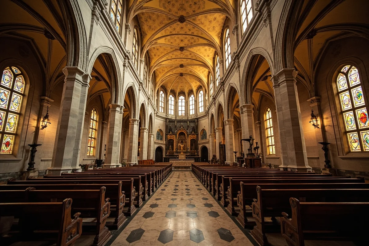 Interior of the Cathedral of St. Helena showing the ornate Gothic arches, stained glass windows, and marble altar