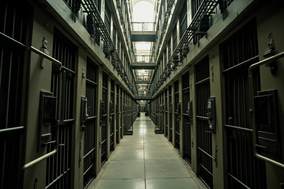Interior of the main cell block showing rows of cells with barred doors and catwalks