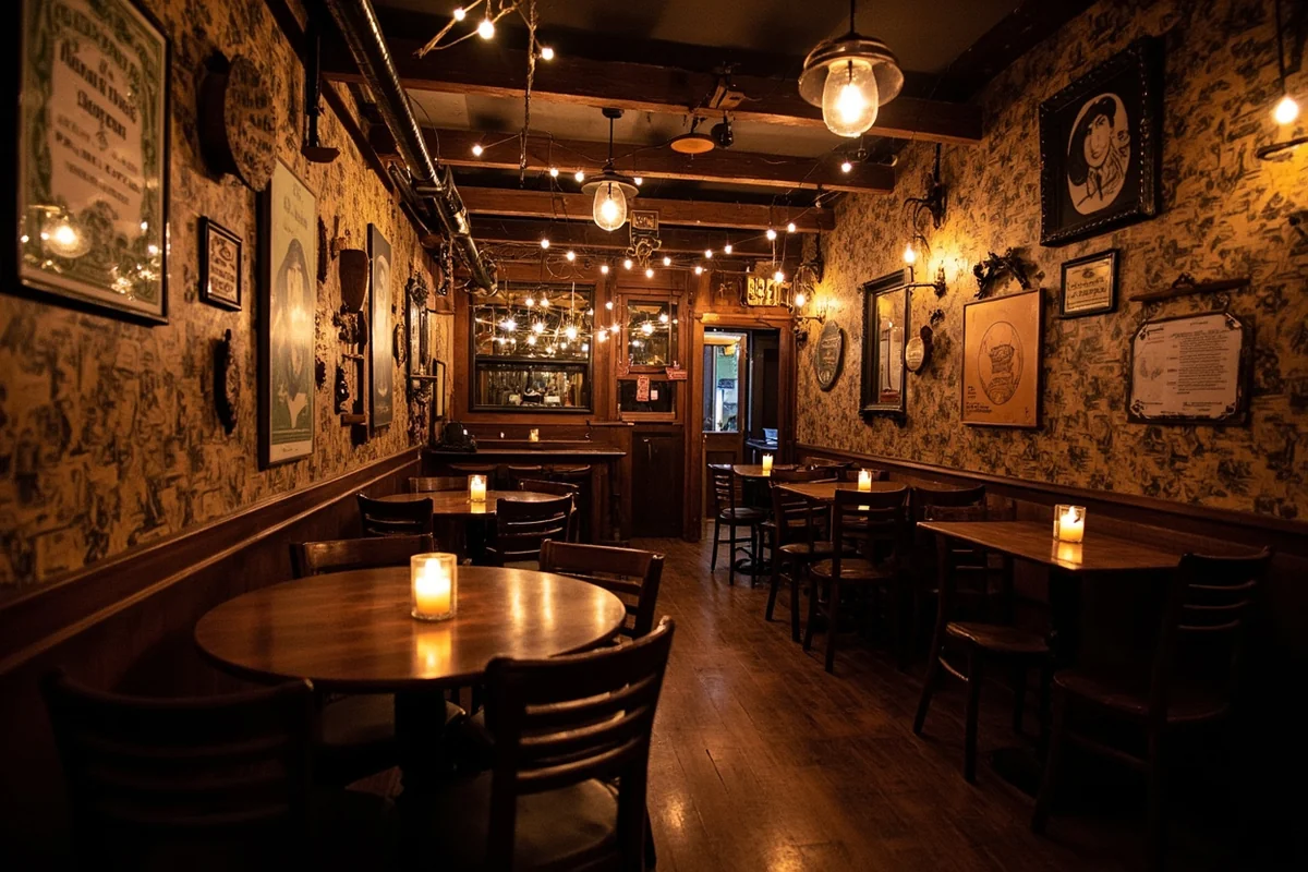 Interior of the Northern Lights Saloon showing rustic wooden walls covered in dollar bills and vintage decorations, with candlelit tables