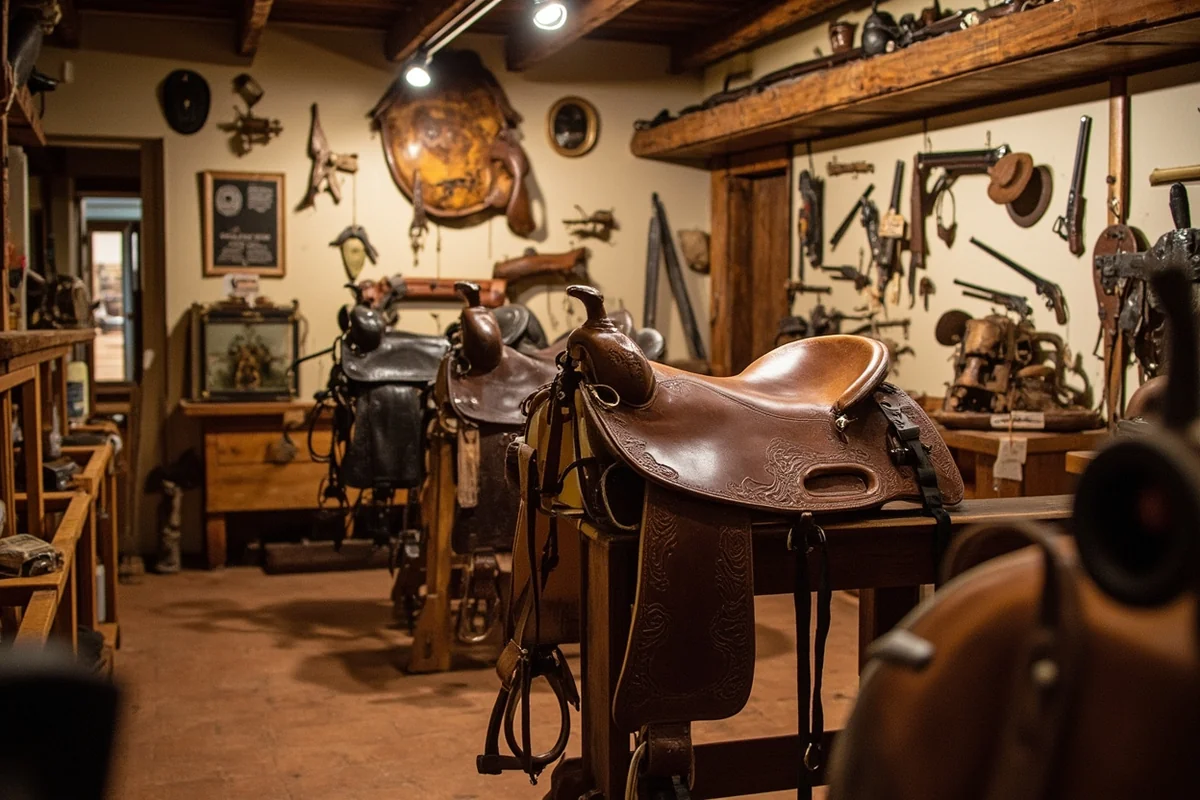 Interior of the Range Riders Museum showing vintage saddles, firearms, and Native American artifacts on display