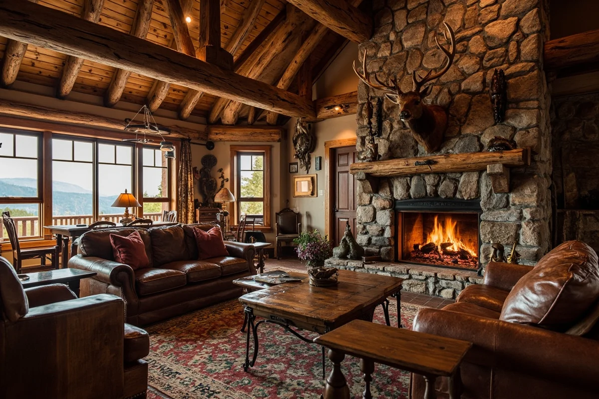 Interior of traditional Montana hunting lodge with stone fireplace and mounted elk head