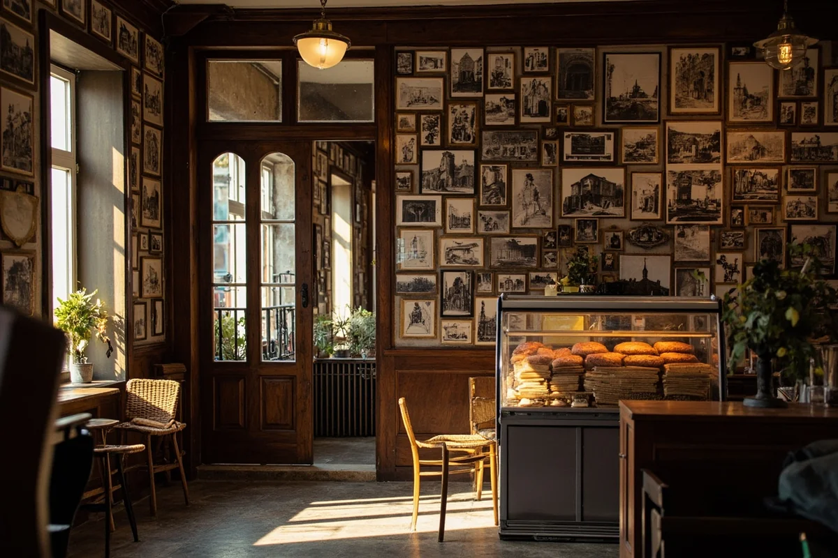Interior of traditional pasty shop in Butte with historic photographs on walls
