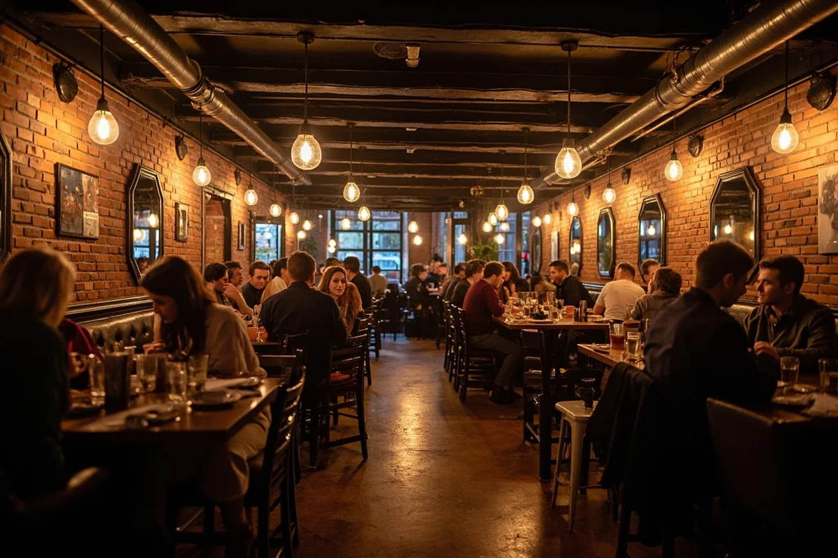Interior of Walkers Grill showing exposed brick walls, warm ambient lighting, and diners enjoying meals