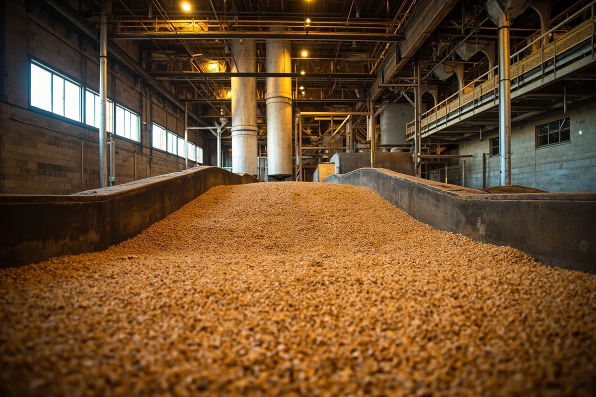 Interior of working grain elevator showing grain bins and conveyor systems during wheat delivery