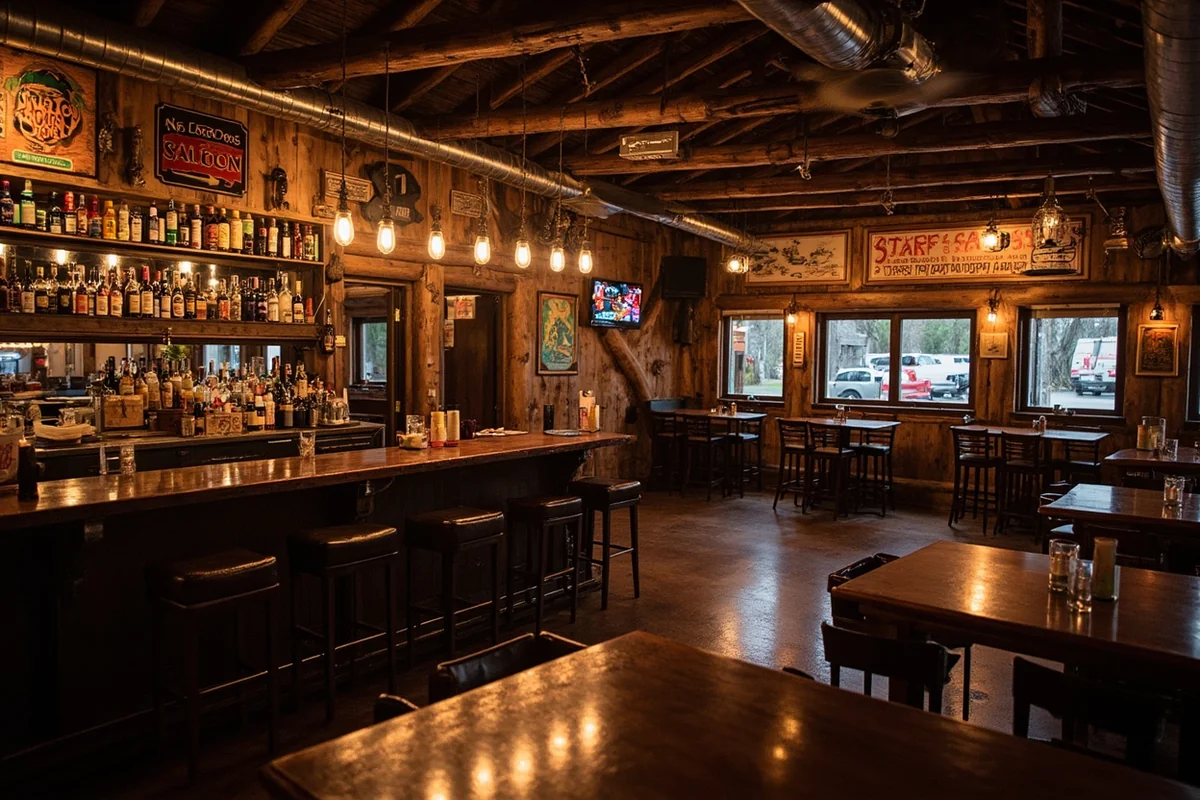 Interior or exterior of the No LoOse Dogs Saloon showing the rustic bar and dining area