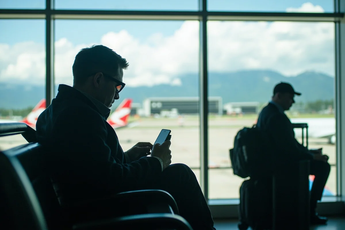 International traveler at Montana airport examining phone, with mountains visible through terminal window