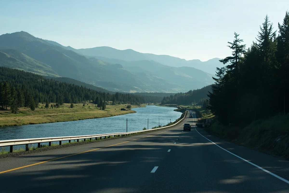 Interstate 90 near Missoula with Clark Fork River running alongside, mountains in background, light traffic