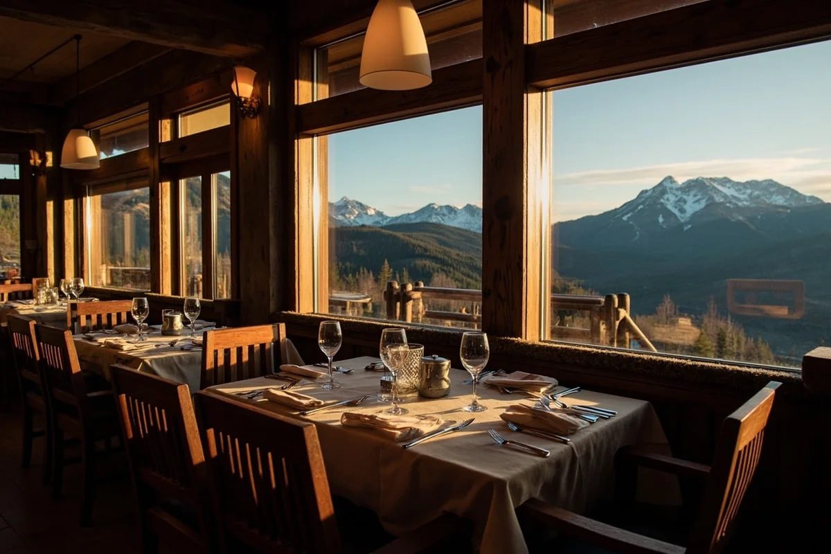 Intimate dinner setting at a Montana lodge with mountain views through large windows