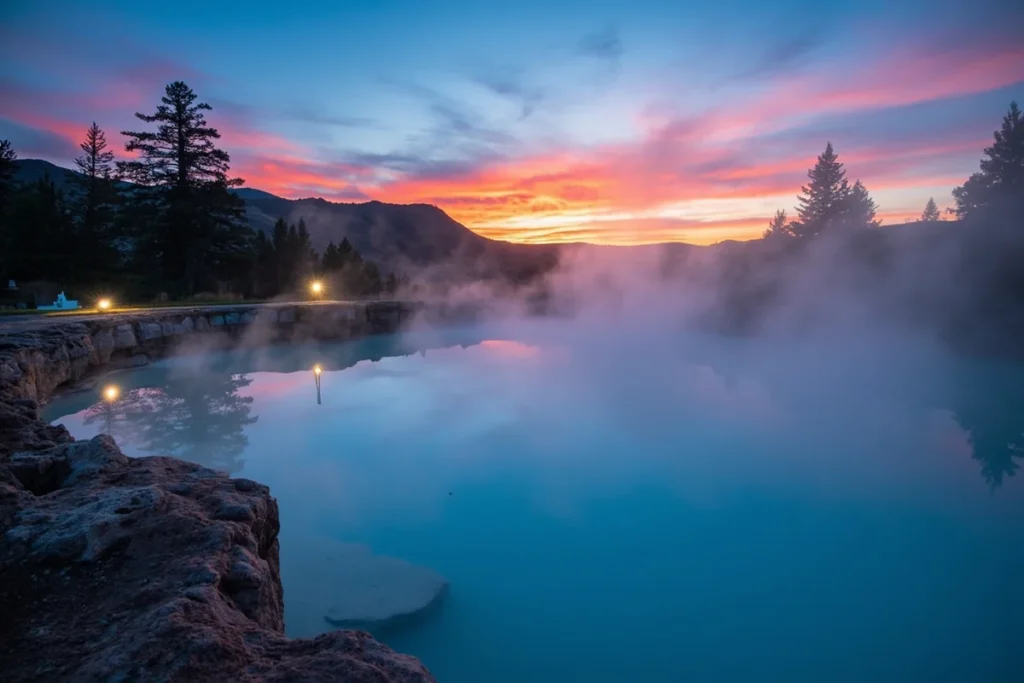 Jackson Hot Springs outdoor pool at dusk with steam rising