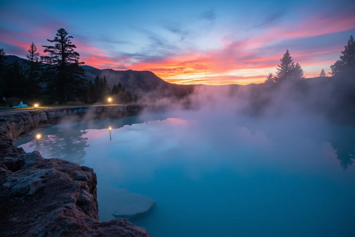 Jackson Hot Springs outdoor pool at dusk with steam rising