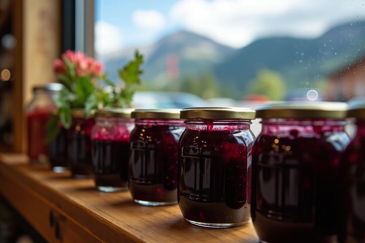 Jars of deep purple huckleberry jam lined up with mountain scenery visible through shop window