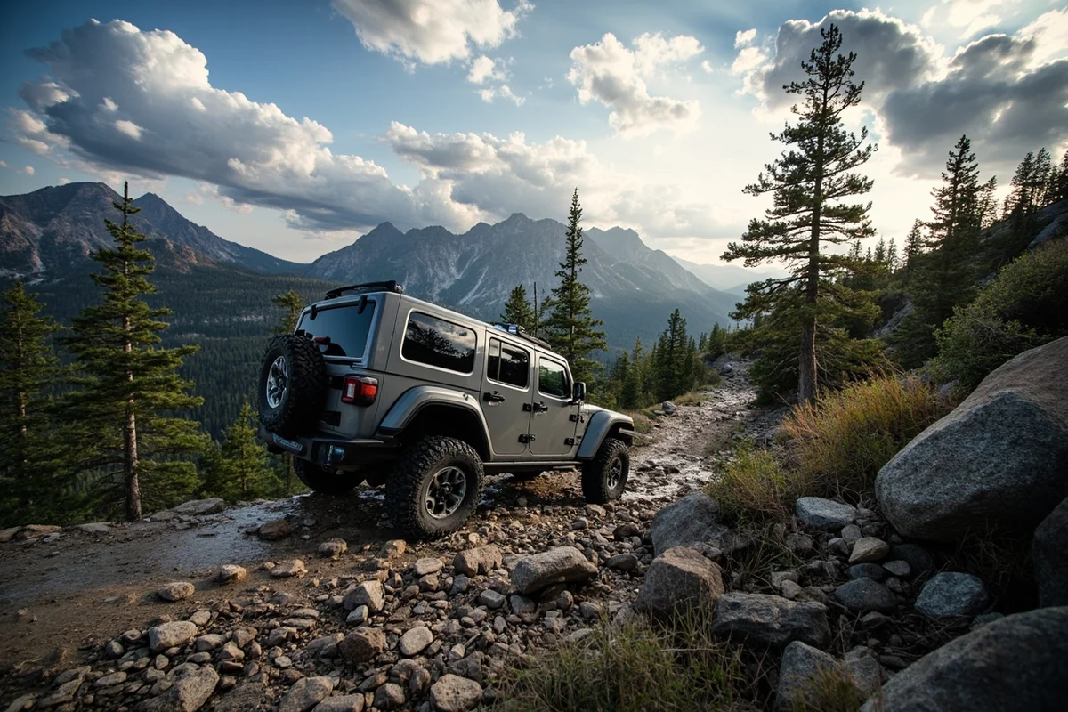 Jeep traversing rocky mountain trail with dramatic Montana peaks in background